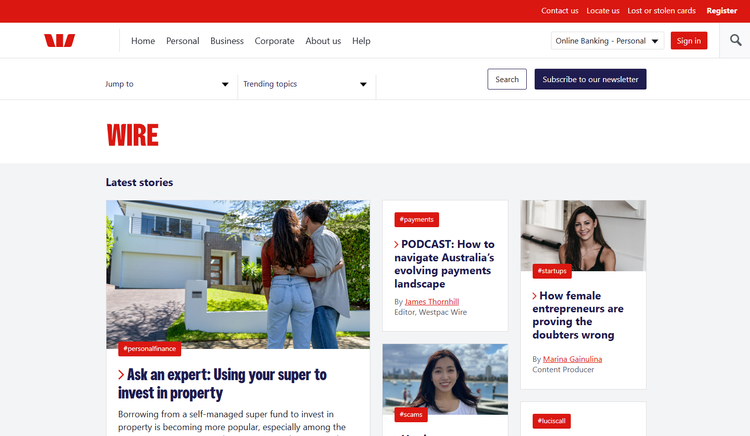 Westpac - "Westpac Wire" Newsroom Westpac Wire newsroom built by Neil Collins, marketing consultant Sydney - multi-brand editorial content for Westpac, St.George, Bank of Melbourne and BankSA.